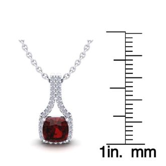 Garnet Necklace: Garnet Jewelry: 1 1/3 Carat Cushion Cut Garnet and Classic Halo Diamond Necklace In 14 Karat White Gold, 18 Inches