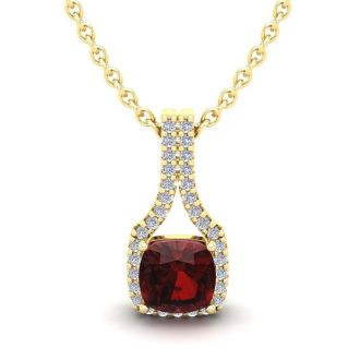 Garnet Necklace: Garnet Jewelry: 1 1/3 Carat Cushion Cut Garnet and Classic Halo Diamond Necklace In 14 Karat Yellow Gold, 18 Inches