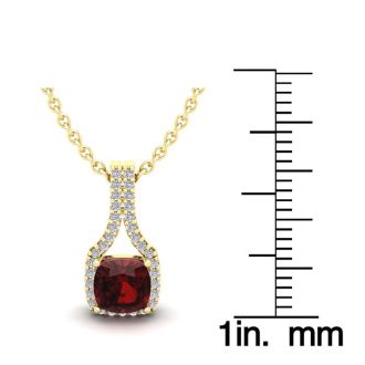 Garnet Necklace: Garnet Jewelry: 1 1/3 Carat Cushion Cut Garnet and Classic Halo Diamond Necklace In 14 Karat Yellow Gold, 18 Inches