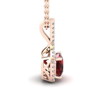 Garnet Necklace: Garnet Jewelry: 1 1/3 Carat Cushion Cut Garnet and Classic Halo Diamond Necklace In 14 Karat Rose Gold, 18 Inches
