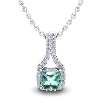 1 Carat Cushion Cut Green Amethyst and Classic Halo Diamond Necklace In 14 Karat White Gold, 18 Inches