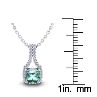 1 Carat Cushion Cut Green Amethyst and Classic Halo Diamond Necklace In 14 Karat White Gold, 18 Inches