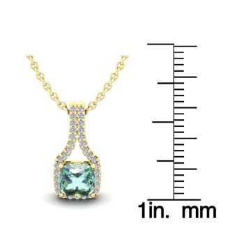 1 Carat Cushion Cut Green Amethyst and Classic Halo Diamond Necklace In 14 Karat Yellow Gold, 18 Inches