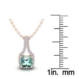 1 Carat Cushion Cut Green Amethyst and Classic Halo Diamond Necklace In 14 Karat Rose Gold, 18 Inches