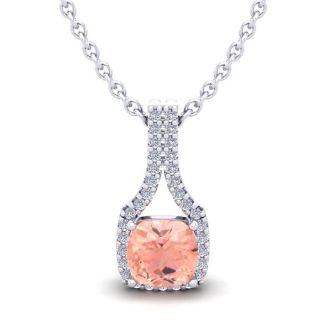 1 Carat Cushion Shape Morganite Necklace with Diamond Halo In 14 Karat White Gold With 18 Inch Chain