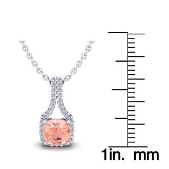1 Carat Cushion Shape Morganite Necklace with Diamond Halo In 14 Karat White Gold With 18 Inch Chain