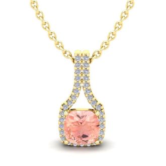 1 Carat Cushion Shape Morganite Necklace with Diamond Halo In 14 Karat Yellow Gold With 18 Inch Chain