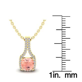 1 Carat Cushion Shape Morganite Necklace with Diamond Halo In 14 Karat Yellow Gold With 18 Inch Chain
