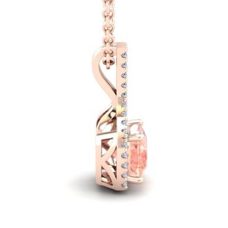 1 Carat Cushion Shape Morganite Necklace with Diamond Halo In 14 Karat Rose Gold With 18 Inch Chain