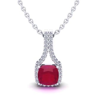 1 1/2 Carat Cushion Cut Ruby and Classic Halo Diamond Necklace In 14 Karat White Gold, 18 Inches