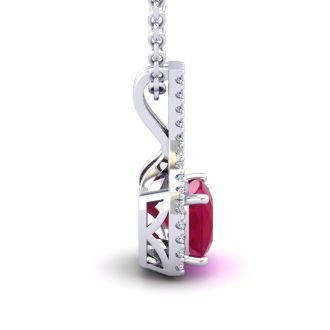 1 1/2 Carat Cushion Cut Ruby and Classic Halo Diamond Necklace In 14 Karat White Gold, 18 Inches