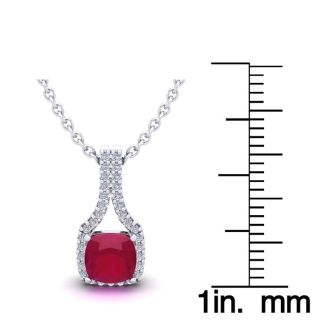 1 1/2 Carat Cushion Cut Ruby and Classic Halo Diamond Necklace In 14 Karat White Gold, 18 Inches