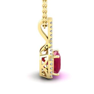 1 1/2 Carat Cushion Cut Ruby and Classic Halo Diamond Necklace In 14 Karat Yellow Gold, 18 Inches