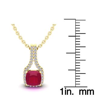 1 1/2 Carat Cushion Cut Ruby and Classic Halo Diamond Necklace In 14 Karat Yellow Gold, 18 Inches
