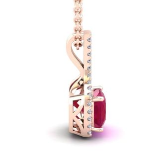 1 1/2 Carat Cushion Cut Ruby and Classic Halo Diamond Necklace In 14 Karat Rose Gold, 18 Inches