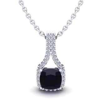 1 1/4 Carat Cushion Cut Sapphire and Classic Halo Diamond Necklace In 14 Karat White Gold, 18 Inches
