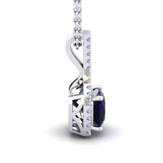 1 1/4 Carat Cushion Cut Sapphire and Classic Halo Diamond Necklace In 14 Karat White Gold, 18 Inches