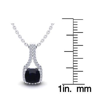 1 1/4 Carat Cushion Cut Sapphire and Classic Halo Diamond Necklace In 14 Karat White Gold, 18 Inches