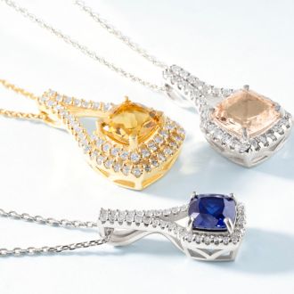 1 1/4 Carat Cushion Cut Sapphire and Classic Halo Diamond Necklace In 14 Karat White Gold, 18 Inches