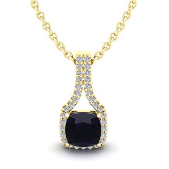 1 1/4 Carat Cushion Cut Sapphire and Classic Halo Diamond Necklace In 14 Karat Yellow Gold, 18 Inches