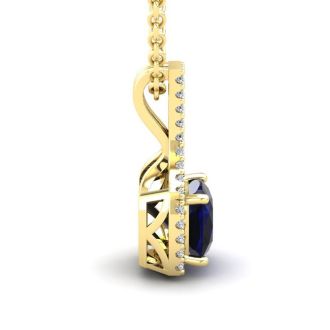 1 1/4 Carat Cushion Cut Sapphire and Classic Halo Diamond Necklace In 14 Karat Yellow Gold, 18 Inches