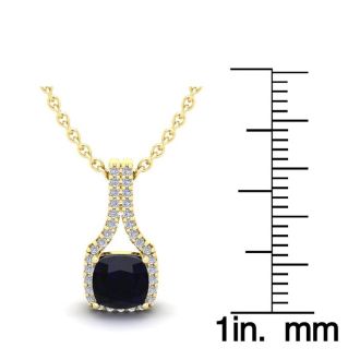 1 1/4 Carat Cushion Cut Sapphire and Classic Halo Diamond Necklace In 14 Karat Yellow Gold, 18 Inches