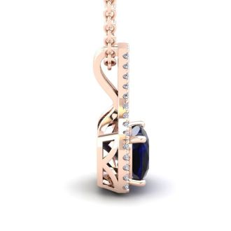 1 1/4 Carat Cushion Cut Sapphire and Classic Halo Diamond Necklace In 14 Karat Rose Gold, 18 Inches