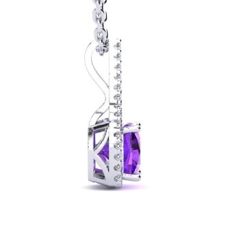 2 Carat Cushion Cut Amethyst and Classic Halo Diamond Necklace In 14 Karat White Gold, 18 Inches