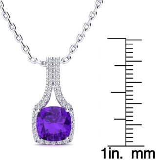 2 Carat Cushion Cut Amethyst and Classic Halo Diamond Necklace In 14 Karat White Gold, 18 Inches