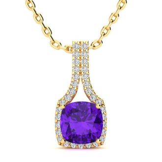 2 Carat Cushion Cut Amethyst and Classic Halo Diamond Necklace In 14 Karat Yellow Gold, 18 Inches