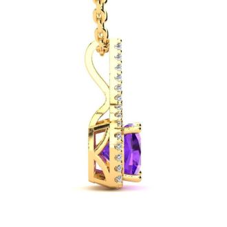 2 Carat Cushion Cut Amethyst and Classic Halo Diamond Necklace In 14 Karat Yellow Gold, 18 Inches