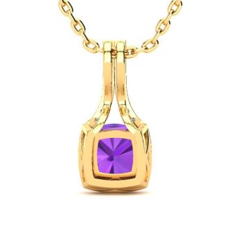 2 Carat Cushion Cut Amethyst and Classic Halo Diamond Necklace In 14 Karat Yellow Gold, 18 Inches