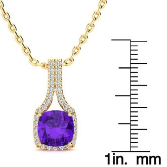 2 Carat Cushion Cut Amethyst and Classic Halo Diamond Necklace In 14 Karat Yellow Gold, 18 Inches