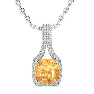 1 3/4 Carat Cushion Cut Citrine and Classic Halo Diamond Necklace In 14 Karat White Gold, 18 Inches
