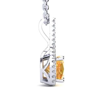 1 3/4 Carat Cushion Cut Citrine and Classic Halo Diamond Necklace In 14 Karat White Gold, 18 Inches