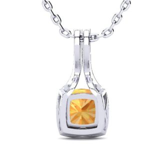 1 3/4 Carat Cushion Cut Citrine and Classic Halo Diamond Necklace In 14 Karat White Gold, 18 Inches