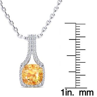 1 3/4 Carat Cushion Cut Citrine and Classic Halo Diamond Necklace In 14 Karat White Gold, 18 Inches