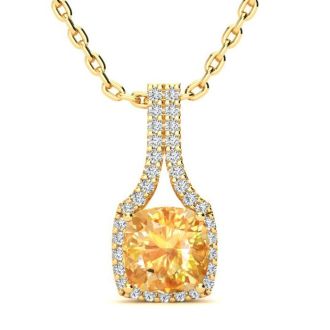 1 3/4 Carat Cushion Cut Citrine and Classic Halo Diamond Necklace In 14 Karat Yellow Gold, 18 Inches