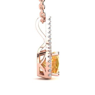 1 3/4 Carat Cushion Cut Citrine and Classic Halo Diamond Necklace In 14 Karat Rose Gold, 18 Inches