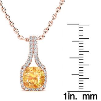 1 3/4 Carat Cushion Cut Citrine and Classic Halo Diamond Necklace In 14 Karat Rose Gold, 18 Inches