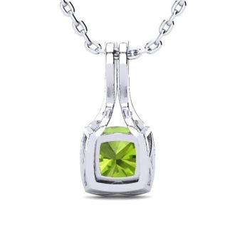 1 3/4 Carat Cushion Cut Peridot and Classic Halo Diamond Necklace In 14 Karat White Gold, 18 Inches