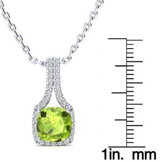 1 3/4 Carat Cushion Cut Peridot and Classic Halo Diamond Necklace In 14 Karat White Gold, 18 Inches