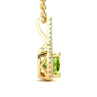 1 3/4 Carat Cushion Cut Peridot and Classic Halo Diamond Necklace In 14 Karat Yellow Gold, 18 Inches