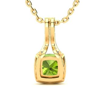 1 3/4 Carat Cushion Cut Peridot and Classic Halo Diamond Necklace In 14 Karat Yellow Gold, 18 Inches