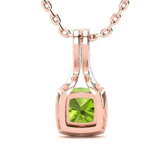 1 3/4 Carat Cushion Cut Peridot and Classic Halo Diamond Necklace In 14 Karat Rose Gold, 18 Inches