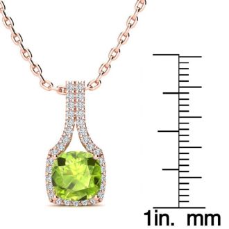 1 3/4 Carat Cushion Cut Peridot and Classic Halo Diamond Necklace In 14 Karat Rose Gold, 18 Inches