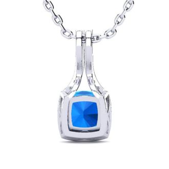 2 Carat Cushion Cut Blue Topaz and Classic Halo Diamond Necklace In 14 Karat White Gold, 18 Inches