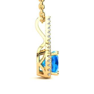 2 Carat Cushion Cut Blue Topaz and Classic Halo Diamond Necklace In 14 Karat Yellow Gold, 18 Inches