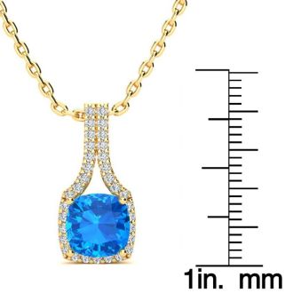 2 Carat Cushion Cut Blue Topaz and Classic Halo Diamond Necklace In 14 Karat Yellow Gold, 18 Inches
