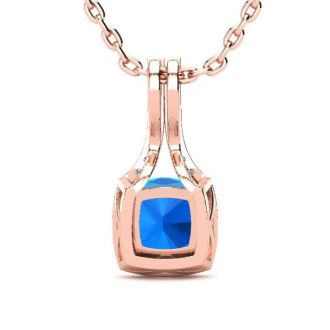 2 Carat Cushion Cut Blue Topaz and Classic Halo Diamond Necklace In 14 Karat Rose Gold, 18 Inches